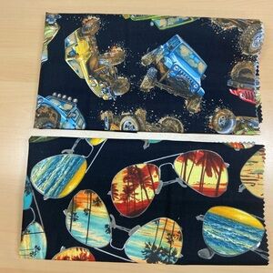 Novelty Cotton Fabric Pieces with Off-Road Trucks and Tropical Sunglasses Print
